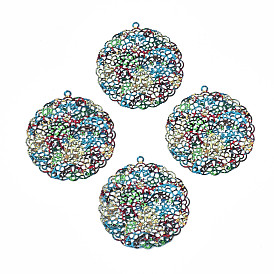 430 Stainless Steel Pendants, Spray Painted, Etched Metal Embellishments, Flat Round with Plant Pattern