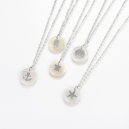 Brass Real Platinum Plated Cable Chains Pendant Necklaces, with 304 Stainless Steel Findings and Freshwater Shell Pendants, Flat Round