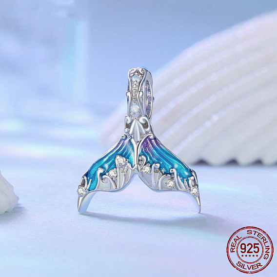 925 Sterling Silver European Dangle Charms, Blue Mermaid Tail Large Hole Beads