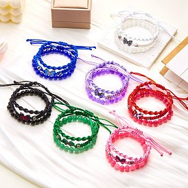 3Pcs 3 Style Dyed Gemstone Round Stretch Stackable Bracelets Set, Alloy Butterfly Braided Bead Adjustable Bracelets