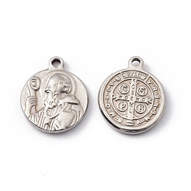201 Stainless Steel Pendants, Flat Round with Cssml Ndsmd Cross God Father Religious Christianity