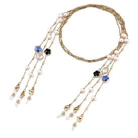 304 ensembles de chaînes de lunettes en acier inoxydable, tour de cou pour lunettes, avec des perles de nacre naturelle, maillons en alliage de verre et extrémités de boucle en caoutchouc, fleur, or
