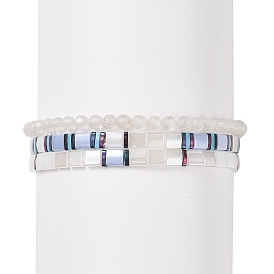 3Pcs 3 Style Glass Seed Rectangle Tile Stretch Bracelets Set, Natural Agate Round Beaded Stackable Bracelets for Women