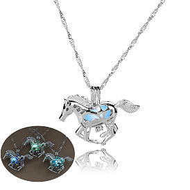 Alloy Horse Cage Pendant Necklace with Synthetic Luminous Stone, Glow In The Dark Jewelry for Women