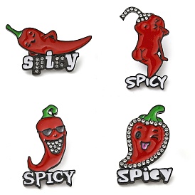 Spicy Hot Chili Pepper Alloy Enamel Pins, Cartoon Hot Pepper Brooches, with Crystal Rhinestone