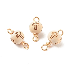 Unfinished Wooden Connector Charms, with Golden Tone Copper Wire Loops, Laser Cut, Round with Cross Pattern