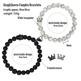 2 шт. подходящие друг к другу браслеты из круглых бусин из смеси натуральных и синтетических драгоценных камней, эластичные., Набор парных браслетов из магнитного сплава с подвесками в виде сердца и короны.