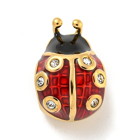 304 Stainless Steel Rhinestone European Beads, with Enamel, Large Hole Beads, Ladybug