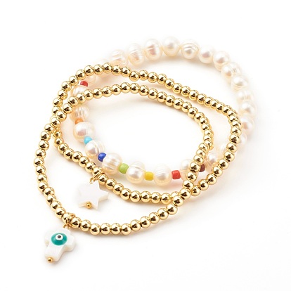 Stretch Bracelets, with Natural Cultured Freshwater Pearls, Glass Seed Beads and Freshwater Shell Beads, Brass Beads
