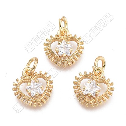 20pcs breloques en laiton micro pavé de zircone cubique, avec anneau de saut, coeur avec l'étoile, clair