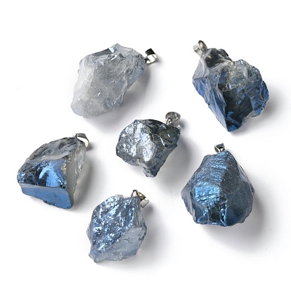 Rough Raw Electroplate Natural Crystal Quartz Pendants, with Platinum Tone Alloy Snap on Bails, Nuggets