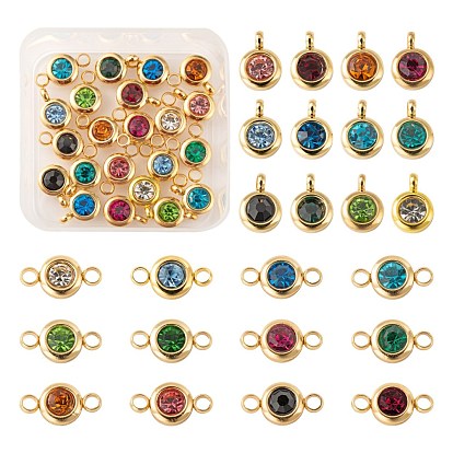 24Pcs 12 Colors 304 Stainless Steel Rhinestone Charms & Links connectors, Birthstone Charms, Flat Round