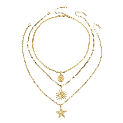 Ocean 304 Stainless Steel Sun Starfish Disc Pendant 3 Layer Necklaces for Women