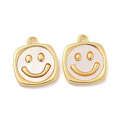 Natural White Shell Pendants, Rack Plating Brass Smiling Face Charms