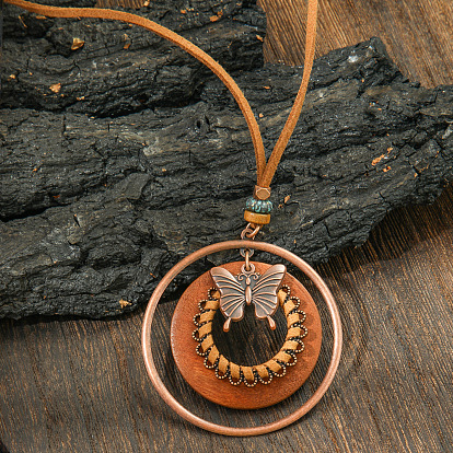 Богемный сплав и дерево плетеная паутина/сетка с подвеской из перьев искусственная кожа шнур ожерелья для женщин