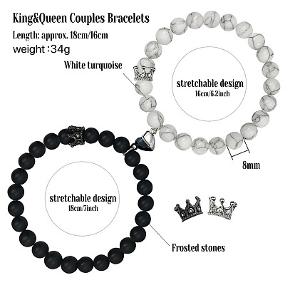 2 шт. подходящие друг к другу браслеты из круглых бусин из смеси натуральных и синтетических драгоценных камней, эластичные., Набор парных браслетов из магнитного сплава с подвесками в виде сердца и короны.