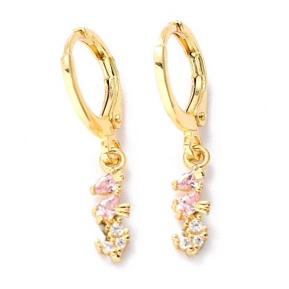 Серьги-кольца из латуни с микро-паве из фианита, морской конек, розовые