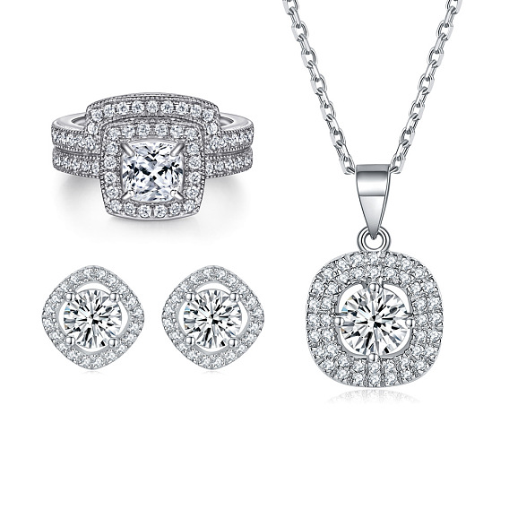 Stylish 925 Silver CZ Jewelry Set - Ring, Necklace & Earrings (3-Piece)