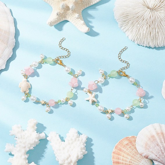 Synthetic Turquoise Beads Charm Bracelets, with Imitation Jade Glass & ABS Plastic Imitation Pearl Round Beads