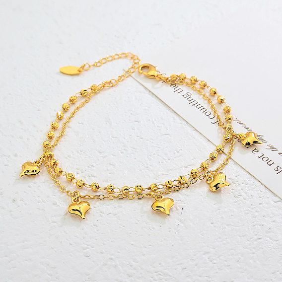 Винтажные пляжные браслеты на ногу с двухслойной цепочкой в форме сердца из латуни для женщин