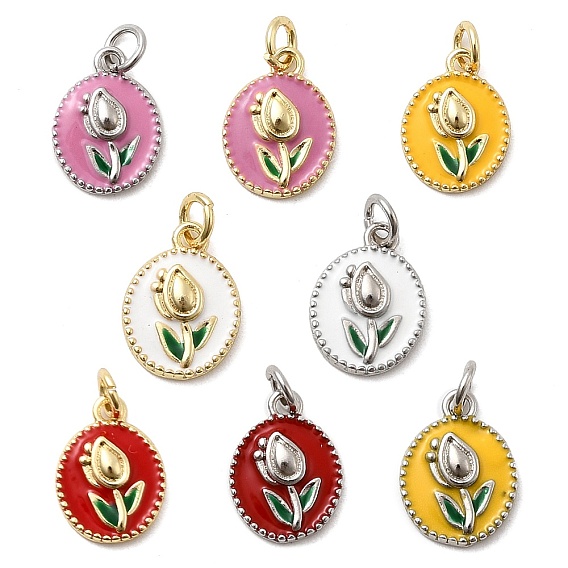 Латунь эмаль прелести, овальные с цветком, стойки покрытие, долговечный, без кадмия и без свинца, настоящий 18k позолоченный/платиновый, с целью перехода в кольце