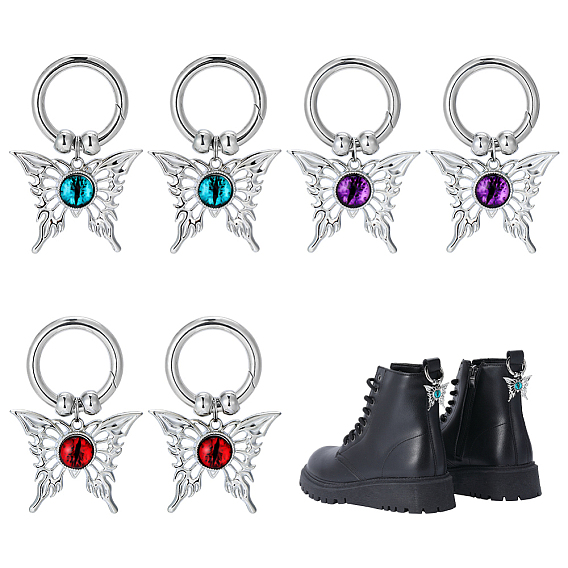 6 шт. 3 стили подвески для обуви из сплава и смолы в виде бабочки, с литыми пружинными кольцами, разноцветные