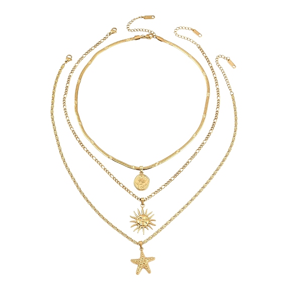 Océano 304 Colgante de disco de estrella de mar y sol de acero inoxidable 3 Collares de capas para mujer