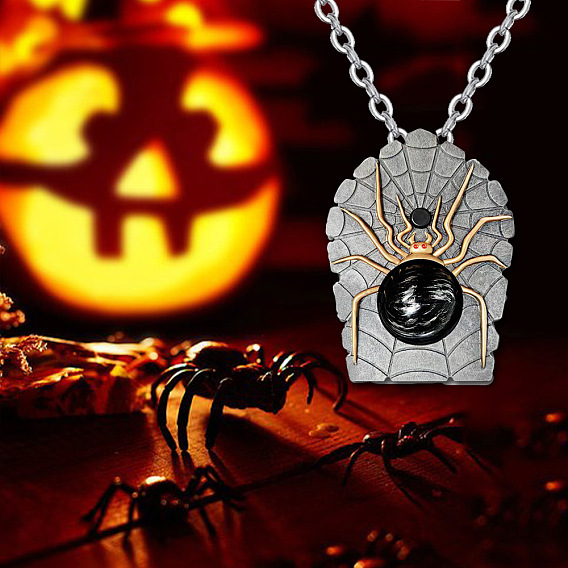 Gothic Halloween Spider Necklace - Punk Style Spider Web Pendant Jewelry.