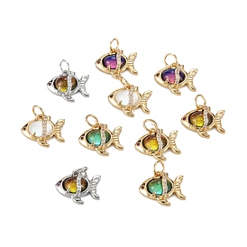 Brass Clear Cubic Zirconia Glass Charms, with Jump Ring, Long-Lasting Plated, Lead Free & Cadmium Free, Fish