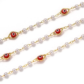 Handmade Brass Chains, with Acrylic Imitation Pearl, Lampwork and Spool, Long-Lasting Plated, Soldered, Evil Eye
