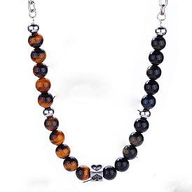 Ожерелье из натуральных бусин тигрового глаза и обсидиана с цепочками из нержавеющей стали для мужчин.