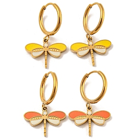 Golden 304 Stainless Steel Hoop Earrings, 316 Surgical Stainless Steel Enamel Dragonfly Drop Earrings