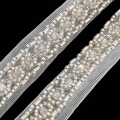 Polyester Flower Lace Trims, with ABS Imitation Pearl Beads and Glass