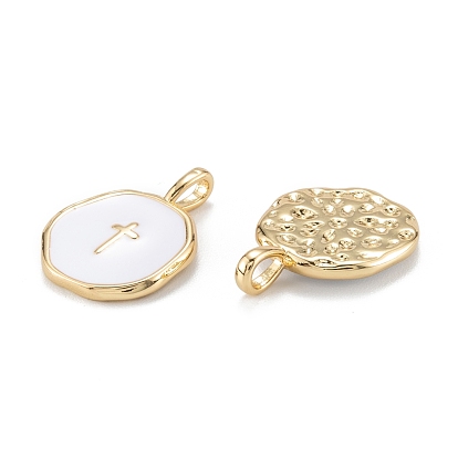 Brass Enamel Pendants, Long-Lasting Plated, Flat Round with Cross, White