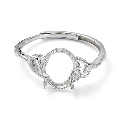 Adjustable 925 Sterling Silver Ring Components, with Cubic Zirconia, 4 Claw Prong Ring Settings, For Half Drilled Beads