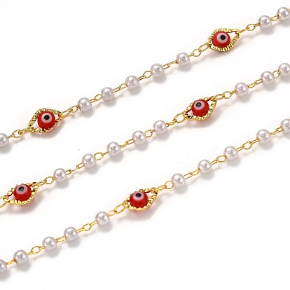 Handmade Brass Chains, with Acrylic Imitation Pearl, Lampwork and Spool, Long-Lasting Plated, Soldered, Evil Eye