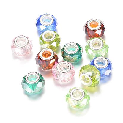 Glass European Beads, with Silver Color Plated Brass Core, Large Hole Beads, Faceted Rondelle, AB-Color Plated
