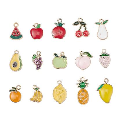 15Pcs 15 Style Alloy Enamel Pendants, Light Gold, Fruit