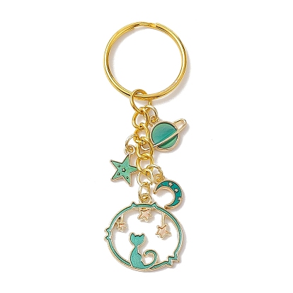 Alloy Keychain, Flat Round with Cat, Star, Moon & Planet