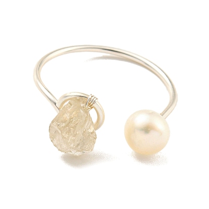 Brass Open Cuff Rings, with Yellow Quartz, Pearl, Jewely for Women