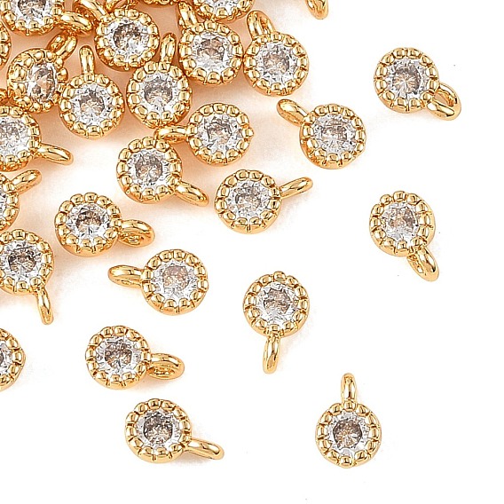 SHEGRACE Brass Pave Cubic Zirconia Charms, Flat Round Charms, Single Stone Charms, Cadmium Free & Lead Free & Nickel Free, Long-Lasting Plated