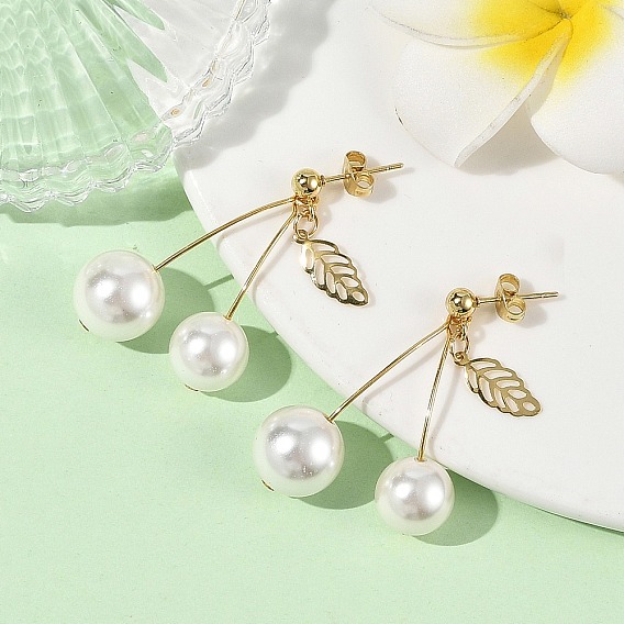 Concha de perla pendientes colgantes, cereza con hoja, 304 arete de acero inoxidable para mujer