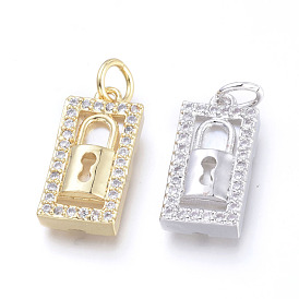 Brass Micro Pave Cubic Zirconia Pendants, with Jump Rings & Natural Shell, Long-Lasting Plated, Cadmium Free & Lead Free & Nickel Free, Rectangle with Lock, Clear