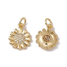 Brass Micro Pave Clear Cubic Zirconia Charms, with Jump Ring, Cadmium Free & Nickel Free & Lead Free, Rack Plating, Sunflower