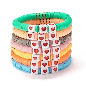 7Pcs 7 Style Polymer Clay Heishi Beaded Stretch Bracelets Set with Heart, Preppy Bracelets for Women