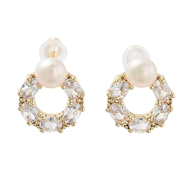 Ring Natural Pearl Stud Earrings with Brass Micro Pave Cubic Zirconia and 925 Sterling Silver Pins