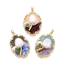 Латунь эмаль подвески, овальные и цветочные подвески, с ABS имитации жемчуга, реальный 18 k позолоченный