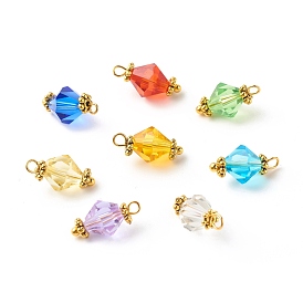 Glass Imitation Austrian Crystal Beads Pendants, Bicone, Faceted, with Brass Ball Head Pins and Tibetan Style Alloy Daisy Spacer Beads, Golden