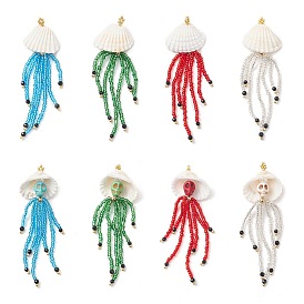 4 шт. 4 цвета окрашенная синтетическая бирюза и натуральный черный оникс и стеклянные бусины череп медузы большие подвески, с ракушкой и золотыми латунными бусинами