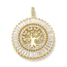 Brass Micro Pave Cubic Zirconia Pendants, Long-Lasting Plated, Flat Round with Tree
